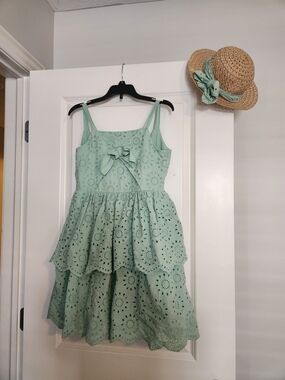 Blueberi Boulevard Mint Eyelet Tiered Dress with Bow Detail
